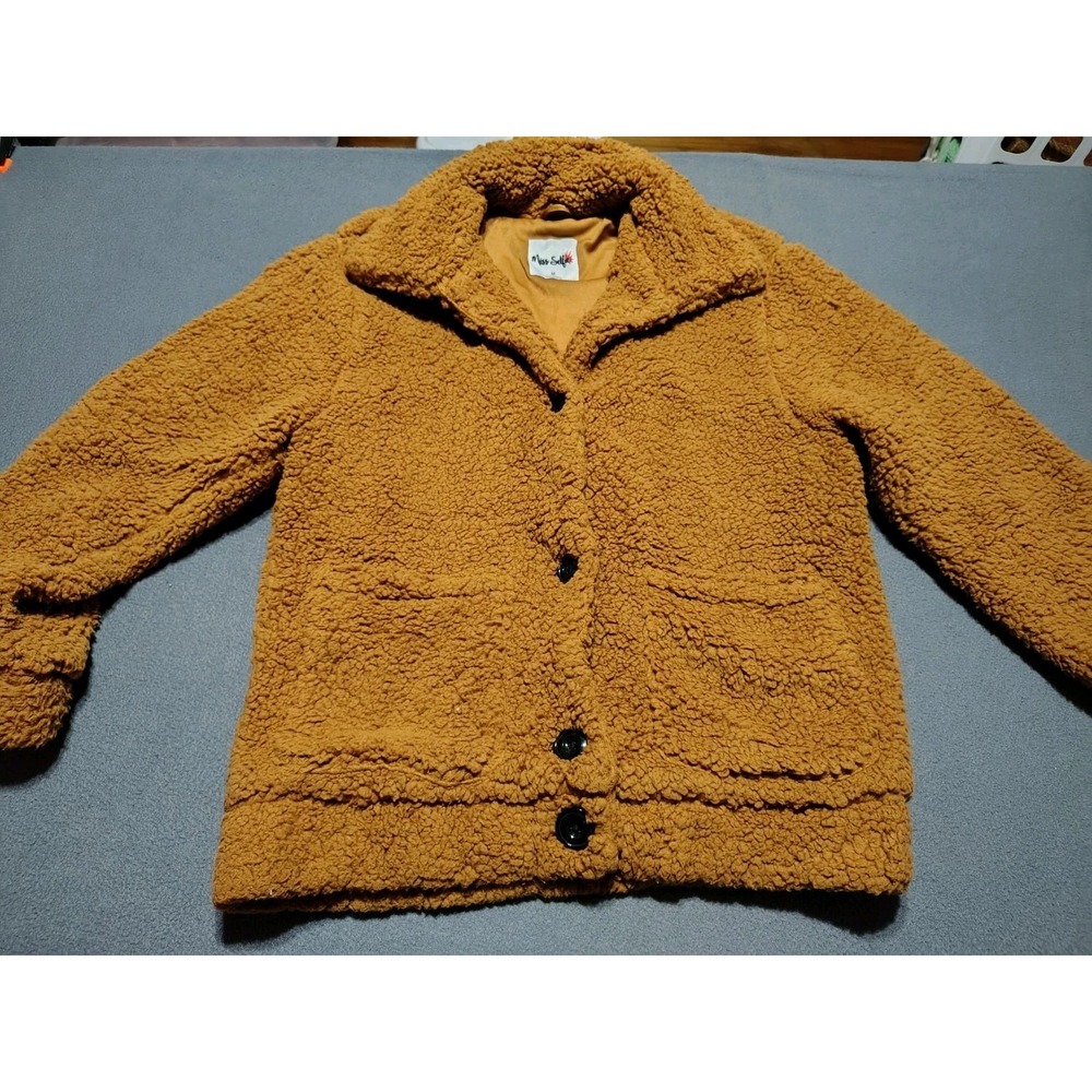 Miss Selfie Sherpa‎ Fuzzy Teddy Coat Ladies M Brown Long Sleeve Vacation Short